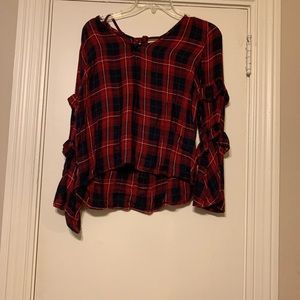 Plaid ruffle bell sleeve top